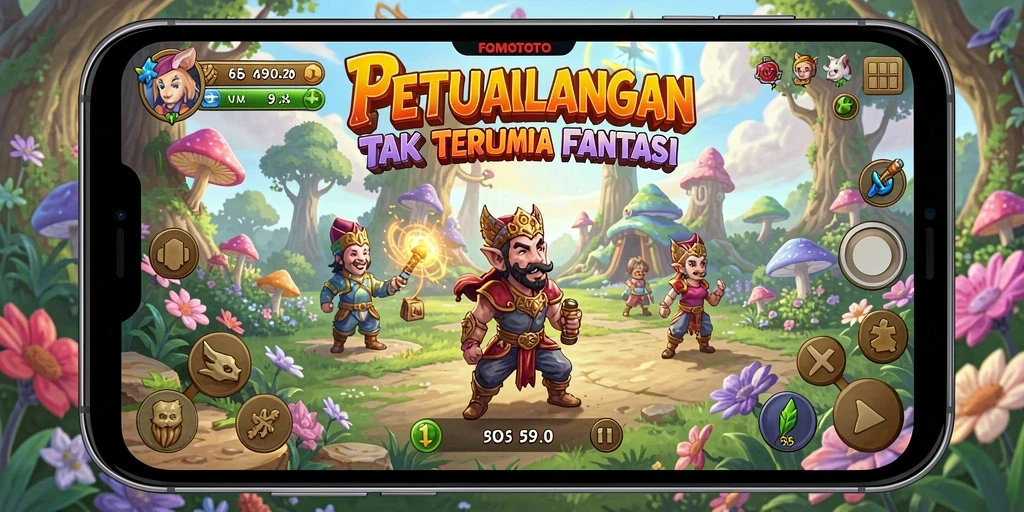 Screenshot gameplay FOMOTOTO menunjukkan petualangan epik di dunia fantasi.