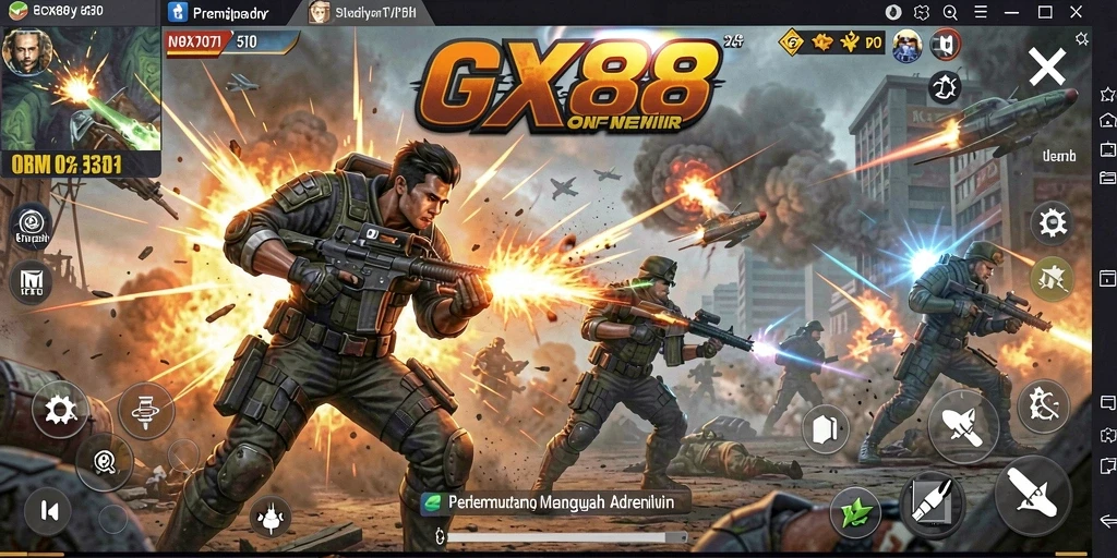 Screenshot utama GX88 menampilkan intensitas pertempuran aksi yang mendebarkan.