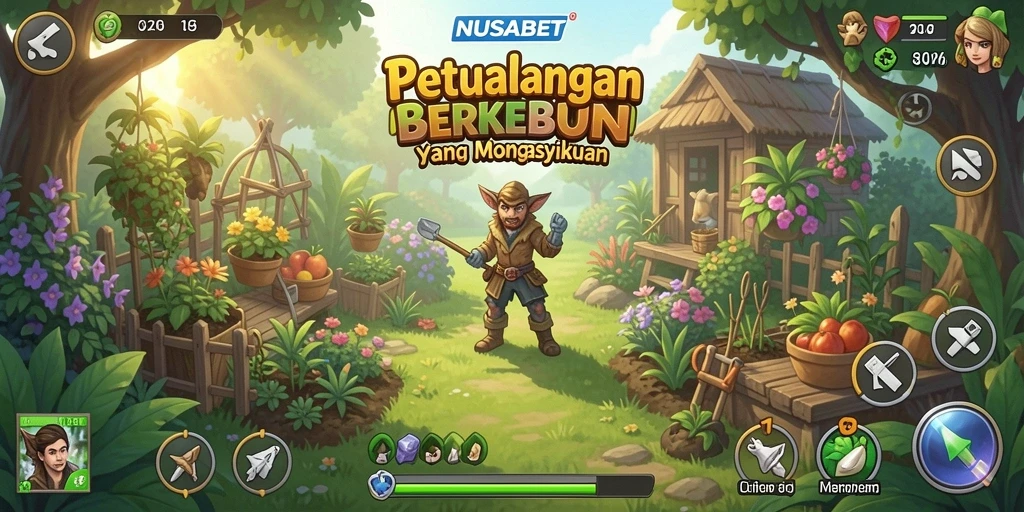 Tampilan gameplay NUSABET dengan suasana pertanian yang indah.