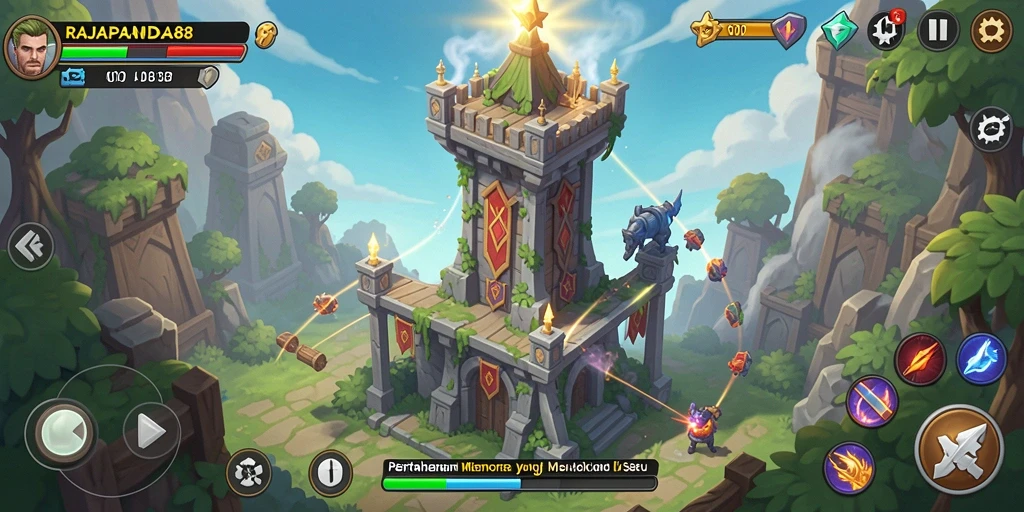 Tampilan gameplay <strong>RAJAPANDA88</strong> yang menampilkan strategi pertahanan menara yang seru.