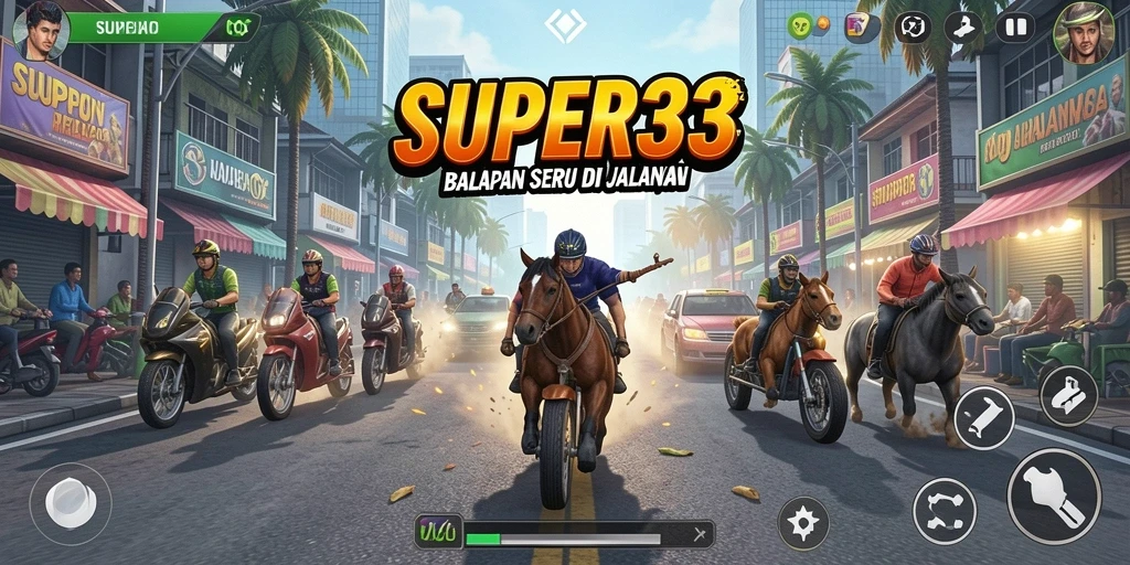 Tampilan gameplay <strong>SUPER33</strong> saat balapan di jalan perkotaan.