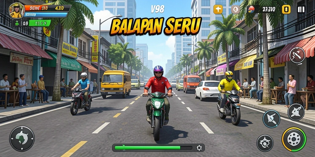 Tampilan menarik dari gameplay V98 dengan balapan seru.